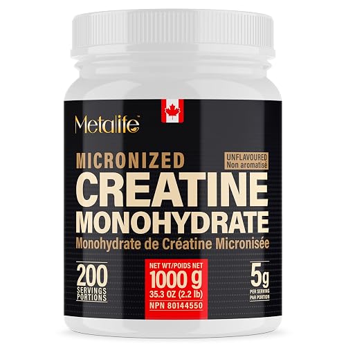 100% Pure Creatine Monohydrate Powder, Canada-Made, 1000 g (200 Servings) Micronized Powder, For Muscle Growth, Strength & Performance, No Additives, Unflavored, Ideal for Athletes & Fitness Enthusiasts, Third party lab tested, Vegan, Non-GMO, Gluten Free, Soy Free, Clean & Pure, Improved Performance and Recovery for Men and Women