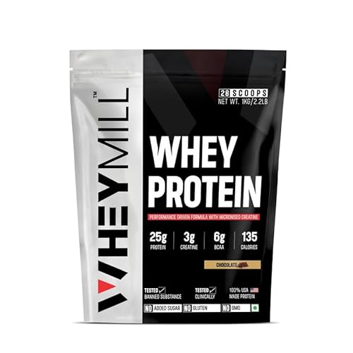 100% Whey Protein | 25g Protein, 3g Creatine, 6g BCAA | Easy Mixing, Low Carbs Whey Protein Supplement Powder for Men, Women & Athletes (1 Kg/2.2lb | 28 Servings | Chocolate)