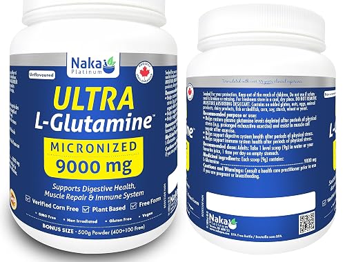 500g Naka Platinum ULTRA L-Glutamine, MICRONIZED 9000 mg, Supports Digestive Health, Muscle Repair & Immune System, Unflavoured, Made in Canada
