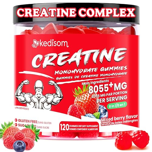 8 IN 1 Creatine Monohydrate Gummies for Men & Women, 8055 mg Creatine Gummies Complex Per Serving Sugar Free, Creatine Monohydrate Supplement with Taurine, Cayenne Pepper Extract Blend for Muscle Strength, Performance, Mixed Berry Flavored,120 Count