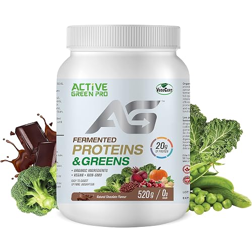 Active Green Pro® Fermented Proteins & Greens - Plant-Based Vegan Protein Powder with Fermented Pea & Brown Rice Protein – Contains Organic Greens & Superfoods for Gut Health - Sugar Free, Low Carb, Natural Chocolate Flavour, 20g Protein - 520g, Made in Canada