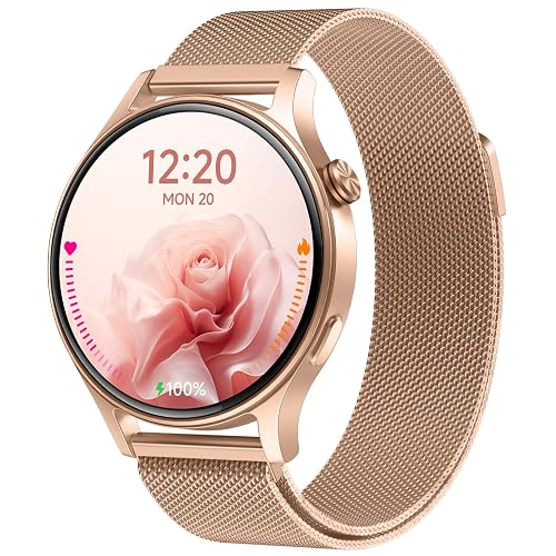 aeac Smart Watch for Women, AMOLED Ultra-Clear Screen Activity Trackers with Heart Rate/Sleep/SpO2 Monitor, Waterproof Fitness Smartwatch for iPhone/Samsung/Android (Rose Gold& Steel Band)
