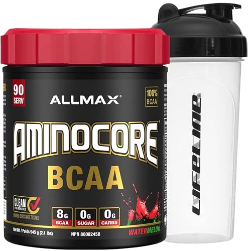 ALLMAX AMINOCORE BCAA 90 servings with Shaker Bottle - Keto and Vegan Friendly Amino Acids - Watermelon