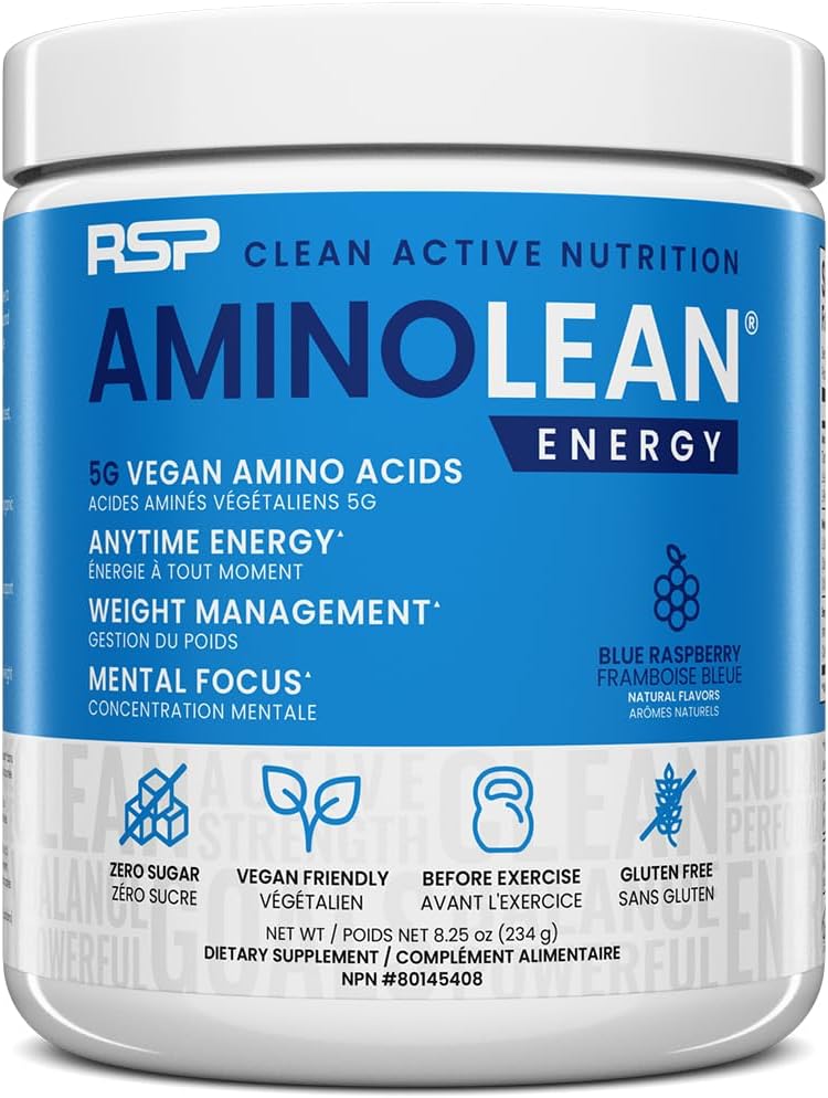 AminoLean Pre Workout Powder, Amino Energy & Weight Management with Vegan BCAA Amino Acids, Natural Caffeine, Preworkout Boost for Men & Women, 30 Serv, Blue Raspberry