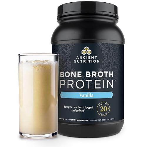 Ancient Nutrition Grass Fed Bone Broth Protein Powder, Vanilla | 20g Clean Protein, Grass-Fed & Pasture-Raised, Collagen Types I, II & III, Gut + Joint Support, 40 Servings