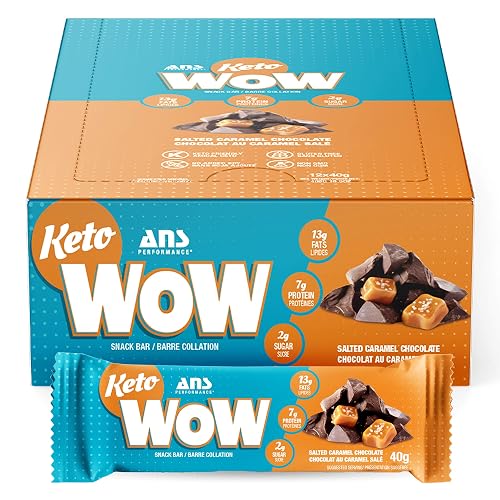 ANS Performance KetoWow Bars - Low Carb Protein Bars - Keto-Friendly - 3g Net Carbs & 1g Sugar - Gluten Free - Naturally Sweetened Nutrition Bars - Salted Caramel Chocolate - 12 x 40g Bars Per Box