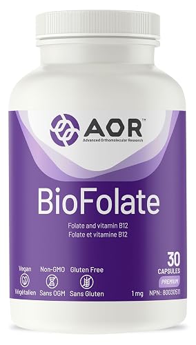 AOR BioFolate 1mg Methylfolate Supplement, B12, Vegan, Gluten Free, 30 Caps
