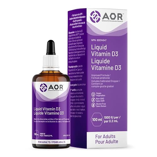 AOR Liquid Vitamin D3 Drops 1000 IU for Adults, 100 ml 500-Servings - Vegan, Non-GMO & Gluten-Free - Vitamin D Supplement - Promotes Strong Bones & Immune - Easy to Absorb with Calcium for Bone Health