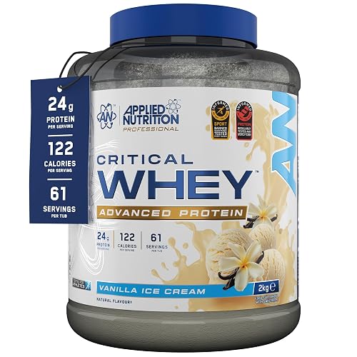 Applied Nutrition Critical Whey Protein Powder | 24g Protein Per Serving, Whey Protein Blend with Isolate Concentrate Hydrolyzed Whey | Low Lactose, Grass Fed, Gluten Free | 61 Servings, 2kg (Vanilla Ice Cream)