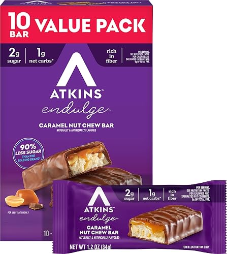 Atkins Endulge Caramel Nut Chew Bar, 2g Sugar, 10 Count | Good Source of Fiber, Peanutty Crunch with Chocolatey Coating and Smooth Caramel Flavor, Individually Wrapped 1.2oz Bars
