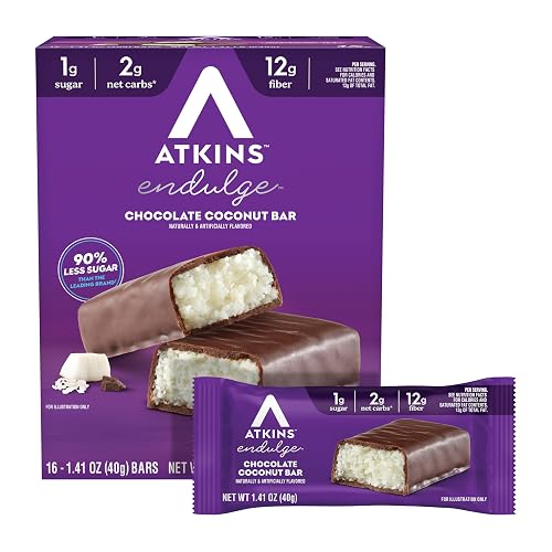 Atkins Endulge Chocolate Coconut Flavored Bar, 16 Count | 1g Sugar, 12g Fiber, 2g Net Carbs, Low Sugar Snack, Individually Wrapped 1.41oz Bars