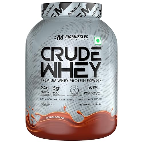 Bigmuscles Nutrition Crude Whey - 2 kg (Rich Chocolate) | US FDA REGD. BRAND | Whey Protein Concentrate 80%, 24g Protein, 5.5g BCAA, 4 g Glutamine