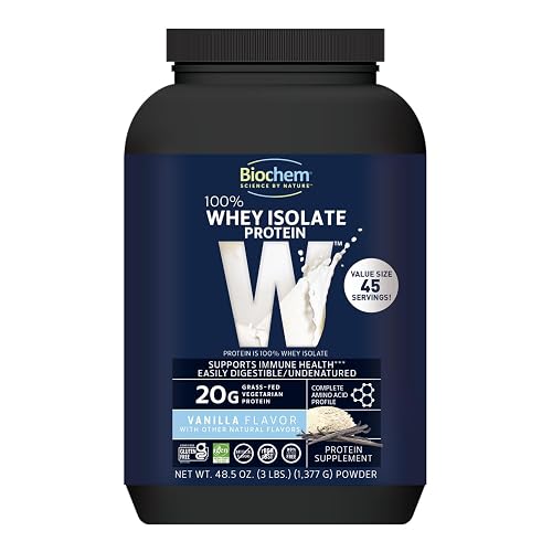 Biochem 100% Whey Isolate Protein, Vanilla, 3lb, 45 Servings | 20g protein with 18 naturally occurring amino acids, including all 9 essential amino acids.