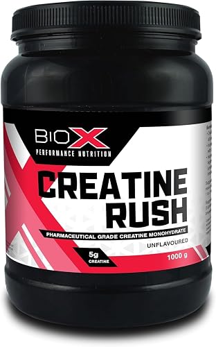 BioX Creatine Rush | 5g Creatine Monohydrate | 100% Pure Micronized Creatine Monohydrate Supplement | Increased Strength, Muscle Growth, & Performance | Unflavoured, 200 Servings (1000g)