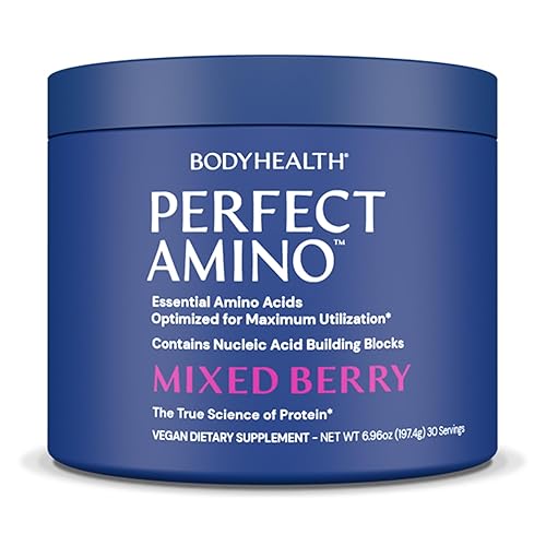 BodyHealth PerfectAmino XP Mixed Berry (30 Servings) Pre/Post Workout Recovery Drink, 8 Essential Amino Acids Energy Supplement with 50% BCAAs, 100% Organic, 99% Utilization for Maximum Power