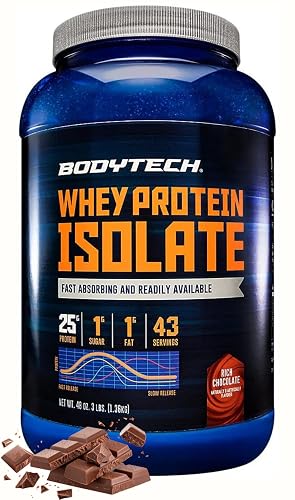 BodyTech Whey Protein Isolate Powder, Rich Chocolate, 3 LB, 43 Servings | 24G per Serving, High Concentrated Protein Powder With Amino Acids & BCAAs for Men and Women, Gluten Free