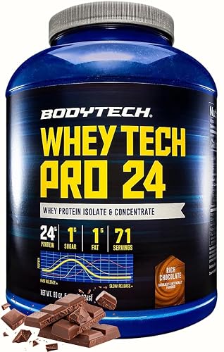 BodyTech Whey Protein Isolate Powder, Rich Chocolate, 5 LB, 71 Servings | 24G per Serving, High Concentrated Protein Powder With Amino Acids & BCAAs for Men and Women, Gluten Free