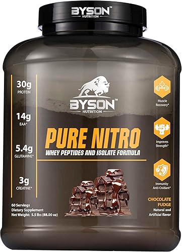 Byson Nutrition Pure Nitro Whey Protein | Whey Peptides And IsoLate | 30g Protein | 14g EAA | 5.4g Glutamine | 3g Creatine | Muscle Recovery | High Absorbtion Protein | (5.5lbs, Chocolate Fudge)