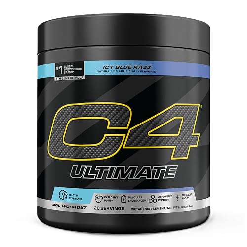 C4 Ultimate Pre Workout Powder Icy Blue Razz - Sugar Free Preworkout Energy Supplement for Men & Women - 300mg Caffeine + 3.2g Beta Alanine + 2 Patented Creatines - 20 Servings