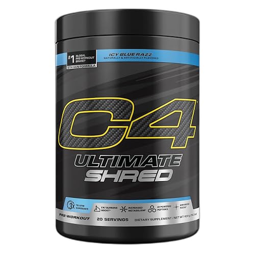 C4 Ultimate Shred Pre Workout Powder for Men & Women, 20 Servings | Icy blue razz flavor with 300mg caffeine, TeaCrine, Dynamine & cayenne extract for energy and thermogenic support.