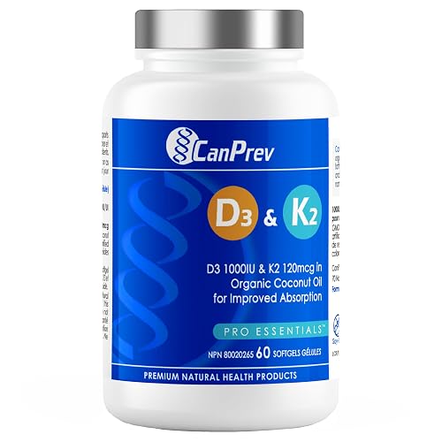 CanPrev - D3 & K2 Vitamin Supplement 60 Softgels 60-Day Supply - K2 MK7 Cholecalciferol Vitamin D3 Supplement - Organic Coconut Oil for Improved Absorption - Helps Build & Maintain Teeth & Bone Health