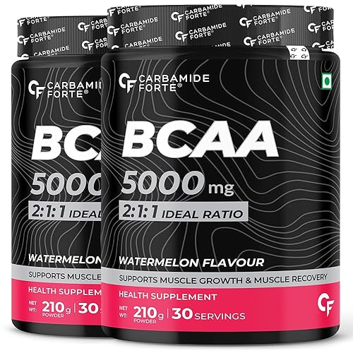 Carbamide Forte BCAA 5000mg Supplement for Men & Women 7g Serving with Ideal 2:1:1 Ratio | BCAA Powder for Muscle Growth & Muscle Recovery - Masala Watermelon Flavour - 210g (Pack of 2)