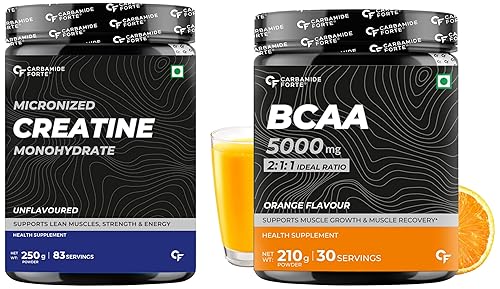 Carbamide Forte BCAA 5000mg Supplement for Men & Women - Orange Flavour - 210g & Creatine Monohydrate Powder - Unflavoured - 250g