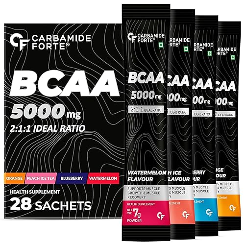 Carbamide Forte BCAA Powder 5000mg 28 Sachets | BCAA Supplements For Women & Men | BCAA Pre Workout & Intra Workout Supplement 7g Serving with Ideal 2:1:1 Ratio | 4 Flavors - Pack Of 28 BCAA Sachets