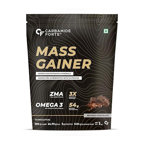Carbamide Forte Mass Gainer with 54g Protein, Weight Gainer For Men | Muscle Gainer - 250g Carbs, Mass Gainer Protein, Multivitamin, ZMA & Creatine 3g - Belgian Chocolate Flavour Mass Gainer 1kg