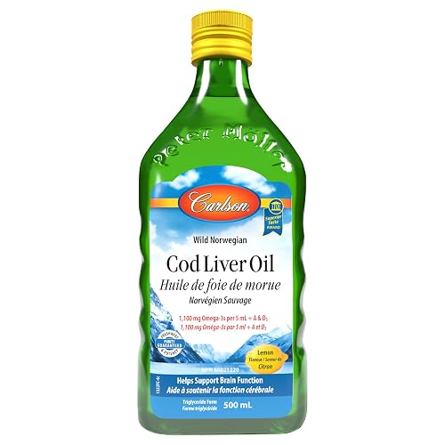 Carlson - Cod Liver Oil, 1100 mg Omega-3s + A & D3, Wild-Caught Norwegian Arctic Cod-Liver Oil, Sustainably Sourced Nordic Fish Oil Liquid, Lemon, 500 mL (16.9 Fl Oz)