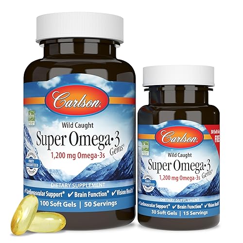 Carlson - Super Omega-3 Gems, 1200 mg Omega-3 Fatty Acids with EPA and DHA, Wild-Caught Norwegian Fish Oil Supplement, Sustainably Sourced Fish Oil Capsules, Omega 3 Supplements, 100+30 Softgels
