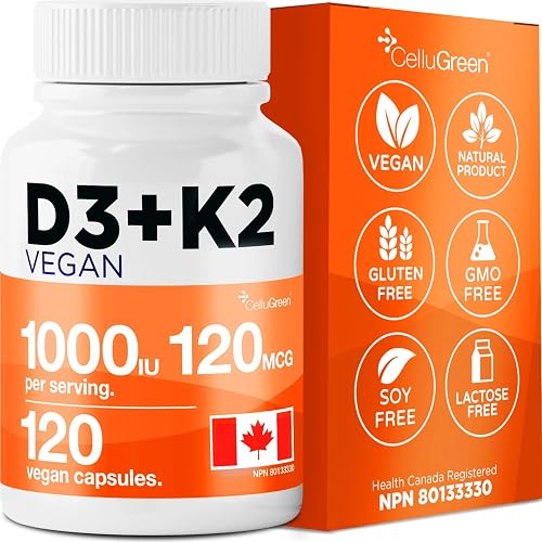 CelluGreen Vitamin D3 K2 MK-7 Supplement, 1000 IU Vegan D3 with 120 mcg Vitamin K2, Lichen-Sourced, Supports Bones, Teeth, Calcium Absorption and Immune Health, Made in Canada, 120 Capsules