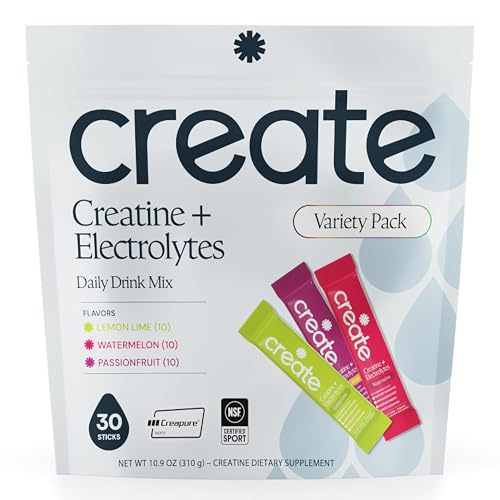 Create Creatine + Electrolytes – Energy & Strength – Variety Pack | NSF Certified for Sport – Daily Hydration Mix, 30 Sugar-Free Stick Packs with 1000mg Taurine, Supports Recovery & Endurance