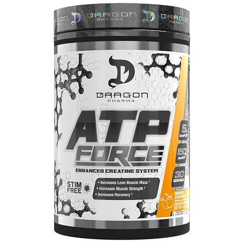 DRAGON PHARMA ATP Force Enhanced Creatine System, Stim-Free, Increase Lean Muscle Mass & Recovery, 5 Grams of CreaPure, Improves Blood Flow (30 Servings, Mango Coconut)