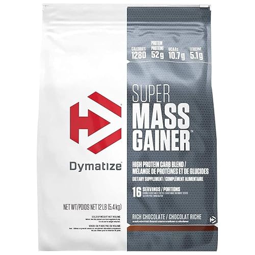 Dymatize Super Mass Gainer Powder | High Protein & Carb Blend Weight Gainer | 52g Protein, 1280 Calories, 245g Carbohydrates | 16 Servings, 12LB (Rich Chocolate)