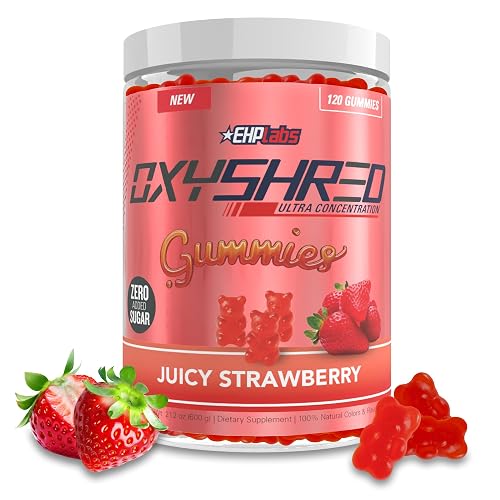 EHP Labs OxyShred Pre Workout Energy Gummies, Strawberry, 60 Servings | 100mg Natural Caffeine, 1000mg L-Carnitine, Vegan & Halal Friendly, No Artificial Colors, Zero Aspartame, HPLC Tested