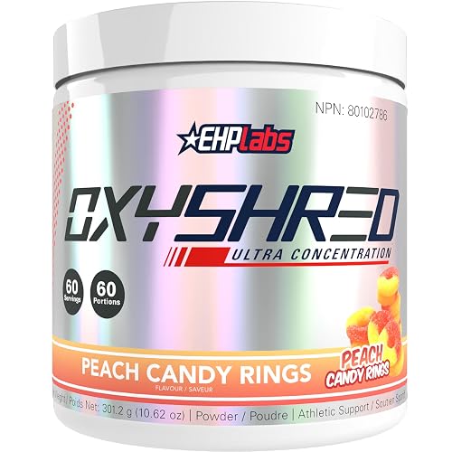 EHPlabs OxyShred Thermogenic Pre Workout Powder & Shredding Supplement - Preworkout for Men & Women, Sugar Free Energy Powder with 150mg of Caffeine - Peach Candy Rings, 60 Servings
