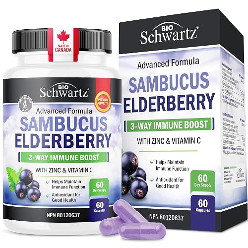 Elderberry Capsules | Immune Support with Vitamin C for Cold & Flu Relief | Sambucus Elderberry & Zinc | Immune Booster for Adults | Cough, Sore Throat & Immunity Vitamins | Made in Canada | 60 Ct