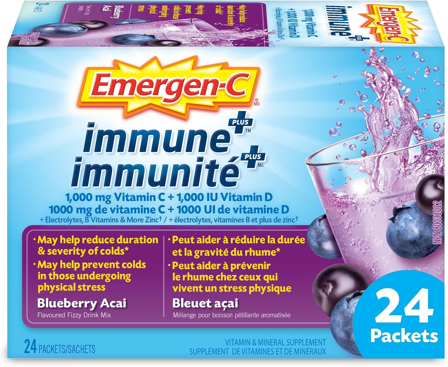 Emergen-C Immune+ 1000mg Vitamin C Powder Supplement, Drink Mix, Immune System Booster, Blueberry Acai, 24 Packets