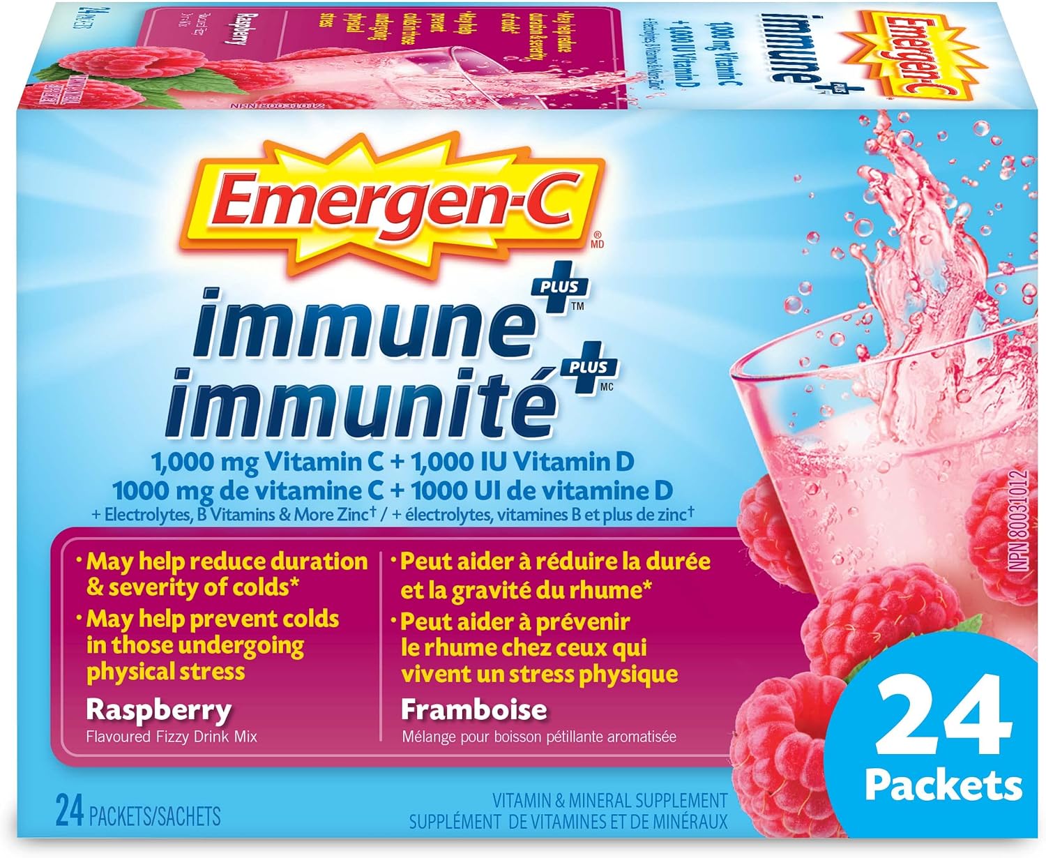 Emergen-C Immune+ 1000mg Vitamin C Powder Supplement, Drink Mix, Immune System Booster, Rasberry, 24 Packets
