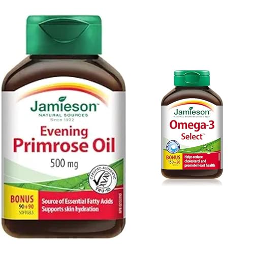 Evening Primrose Oil 500 mg Softgels - With Vitamin E, Gluten-Free, 180 Count (Pack of 1) & Omega-3 Select 1,000 mg