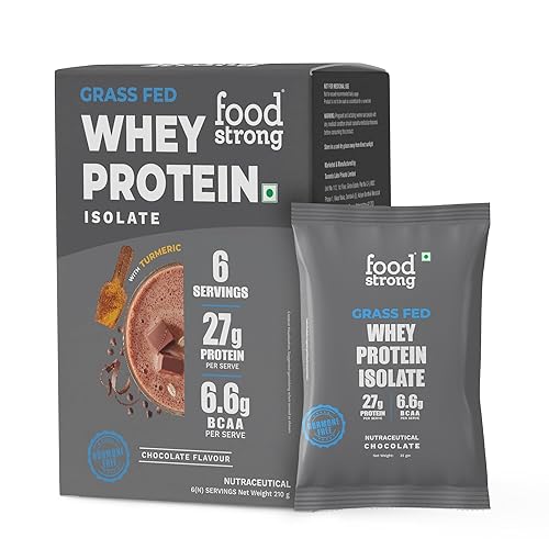 Foodstrong Whey Protein Isolate, 100% Hormone Free Grass-Fed Whey, 27G Protein & 6.6G BCAA, Chocolate, With Turmeric & Digestive Enzymes, 6 Sachets, 210G