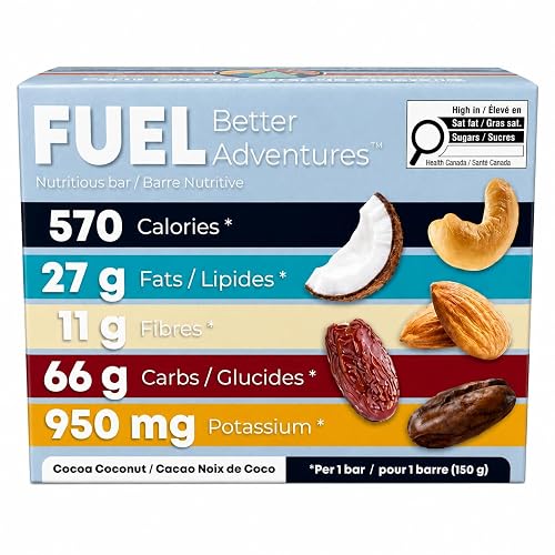Fuel Better Bar, Cocoa Coconut, Box of 5, Gluten-Free Backcountry Food Bars, 570 Calories Per Bar, 27g Protein, 11g Fibre, Dense Chewy Nutrition Bar for Backpacking, Hiking, Camping and Canoe Trips