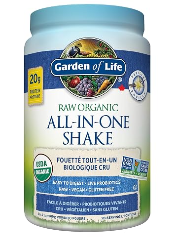 Garden of Life Raw All-in-One Nutritional Shake, Vanilla, (28 servings- 969g.) Packed with 20 grams of Certified Organic Plant Protein packed with incredible nutrition to help build lean muscle.Assists in the building of lean muscle when combined with regular training and a healthy balanced diet