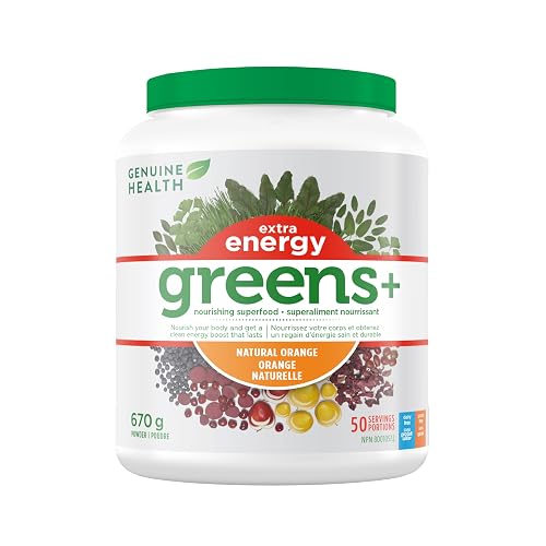Genuine Health Greens Extra Energy - Supports Energy, Endurance & Brain Health - Superfood Greens Powder with Natural Caffeine - Natural Orange, 670g (50 Servings)