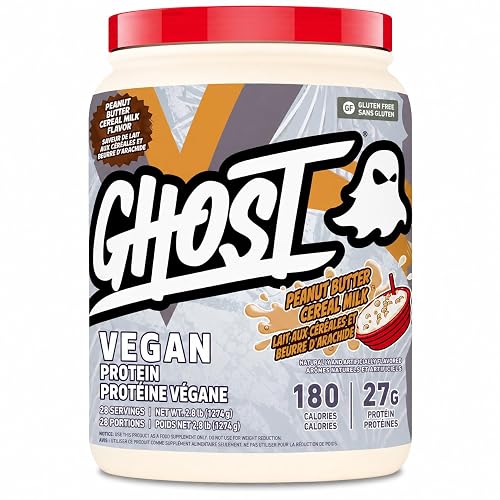 GHOST Vegan V2 Proteine Powder, Peanut Butter Cereal Milk - 2LB Tub, 27G of Protein - Plant-Based Pea & Organic Pumpkin Blend Protein with Fiber & Iron ­Flavored Post Workout Shakes - Soy & Gluten Free