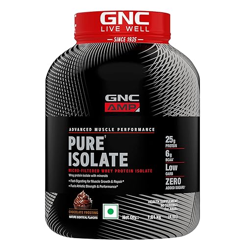 GNC Amp Pure Isolate Low Carb|Boosts Athletic Performance|Builds Lean Muscles|Speeds Up Recovery|Increases Strength|25 G Protein|6 G Bcaa|Chocolate Frosting|4 Lbs,Whey,60 Servings