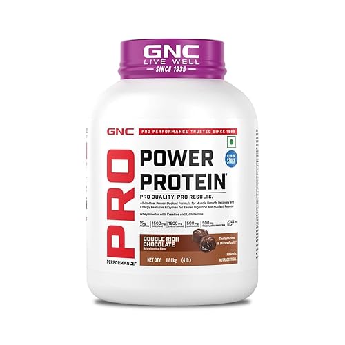 GNC Pro Performance Power Protein | 4 lbs/1.81 Kg | 6 In One Stack | 1500 Mg Creatine| No Added Sugar| 2744 MG BCAA | Informed Choice Certified | 30g Protein | 2.2g L-Glutamine | Energy Features Enzymes For Better Digestion | Double Rich Chocolate| Formulated In USA