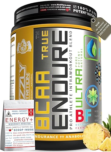 Grizzly Nutrition True Endure - Bcaa 4:1:1 Pro Ratio, 6th gen 2025) 300 grams upto 60 servings -with Citrulline, B-Alanine, Taurine, L-carnitine with 11 vitality boosters - Mexican pineapple