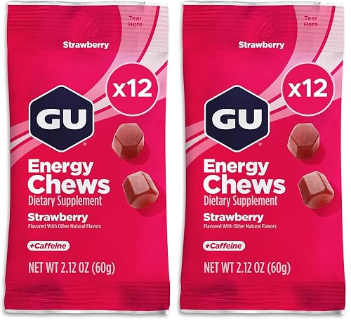 GU Energy Chews, Strawberry Energy Gummies with Electrolytes, Dairy-Free, On-The-Go Fuel for Any Workout, 12 Bags (24 Servings Total) (Pack of 2)